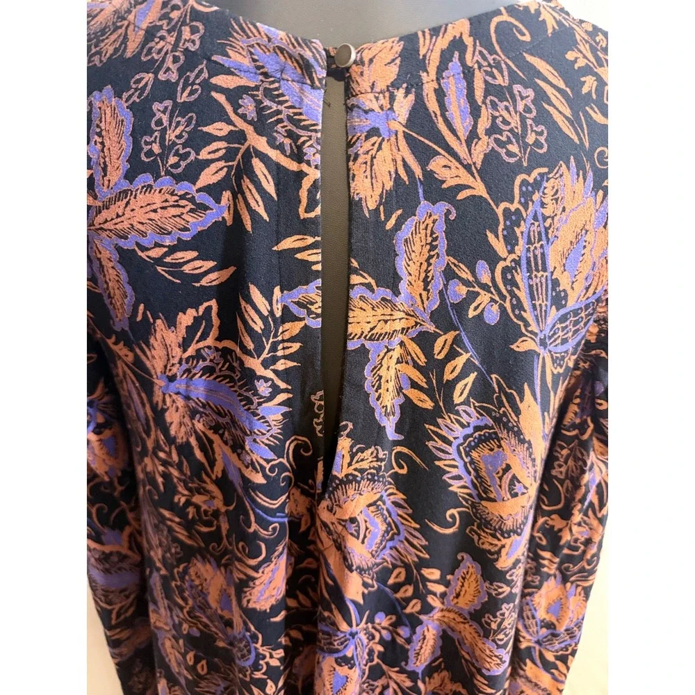 Free People Black& Orange Floral Boho Dress Top Long Sleeve Keyhole‎ Back Small